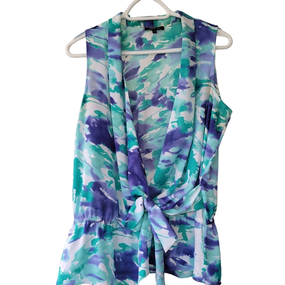 Anne Klein Flowy Fake Wrap Green Blue White Blouse Scooped Waist Women’s Size L - Picture 6 of 12